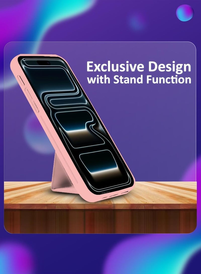 Case for iPhone 17 Pro Back Stand Case Magnetic Grip Car Holder Soft Silicone Kickstand Cover Wrist Strap Full protection Anti-Fingerprint Case for iPhone 17 Pro Pink - Image 3